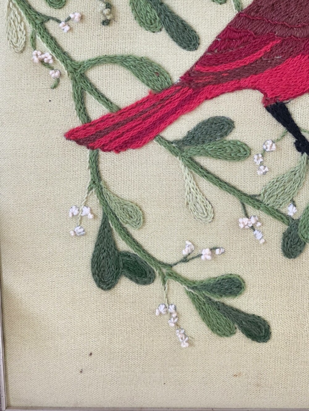 Vintage Mid Century Modern Crewel Embroidery Cardinals Mistletoe Framed Wall Art - Picture 16 of 16